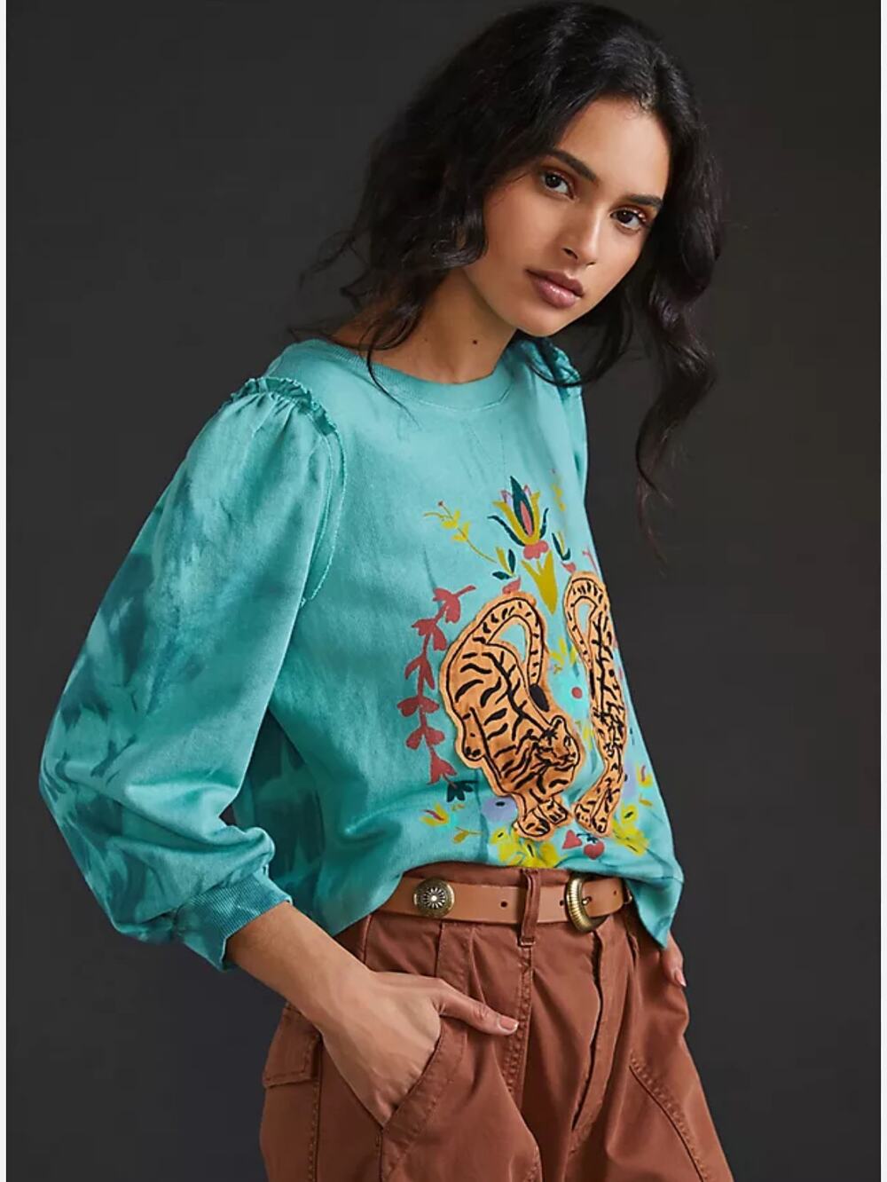 Anthropologie Pilcro Tiger Appliqued Sweatshirt XL Teal Tie dye Boho chic Retro